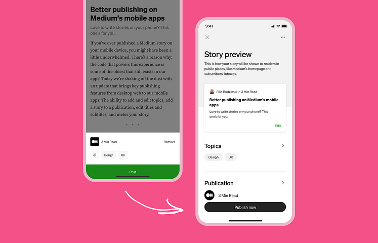 Two mobile screens showing the old publishing flow compared to the new publishing flow.