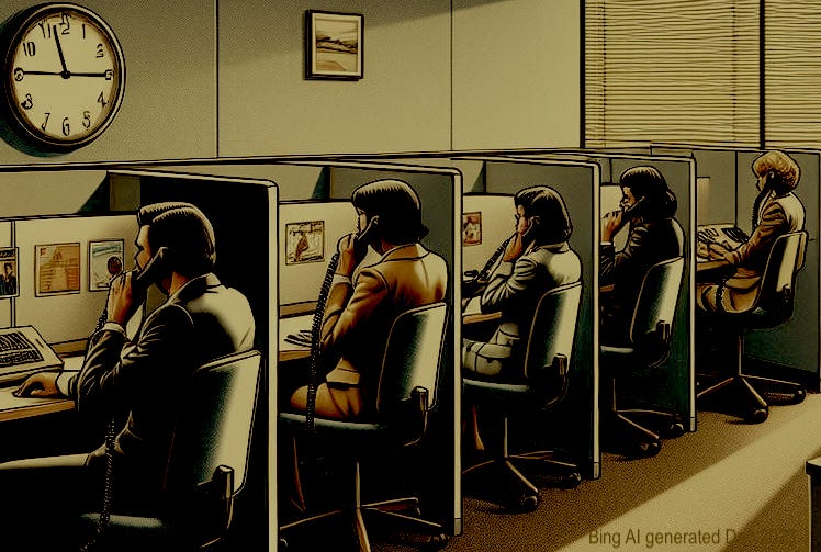 A row of five telephone marketers in a small beige office making calls.