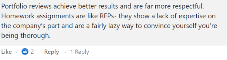 Screenshot of a linkedin comment. The author says that portfolio reviews are more respectful and achieve better results