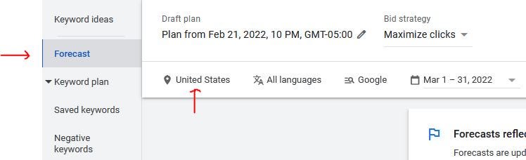 Image showing how to set the geography in a Google Ads Forecast.