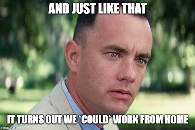 Meme of Tom Hanks talking about the ability of everyone to to work from home