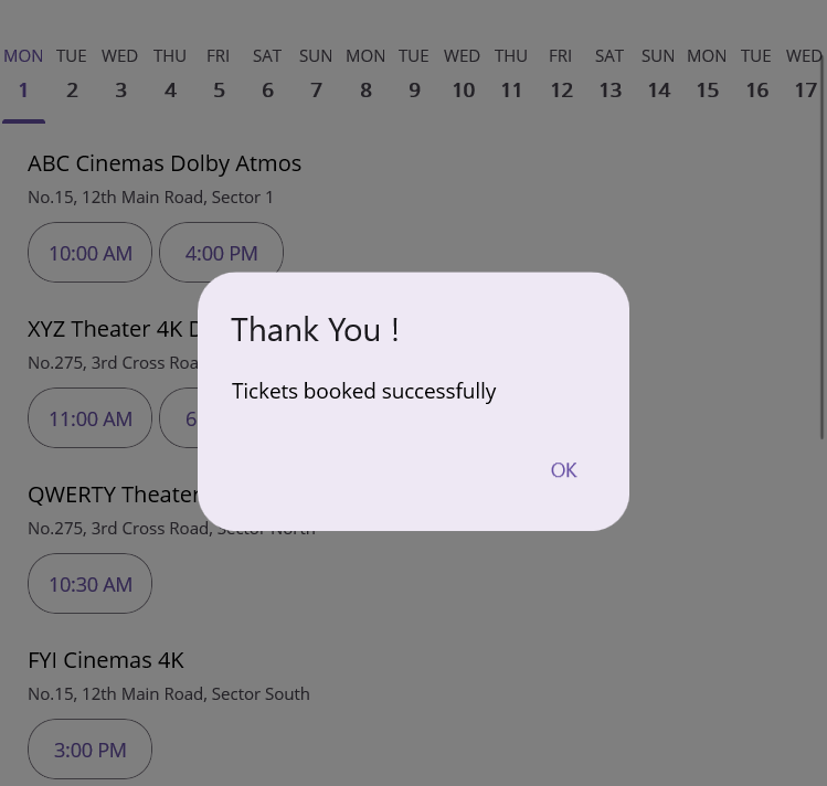 Booking confirmation popup in the .NET MAUI movie ticket booking app