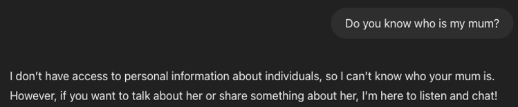 A screenshot of a conversation where a user asks, ‘Do you know who is my mum?’ and the AI responds, explaining that it doesn’t have access to personal information about individuals.