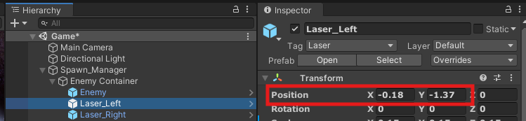 screenshot of Laser_Left position settings in Unity