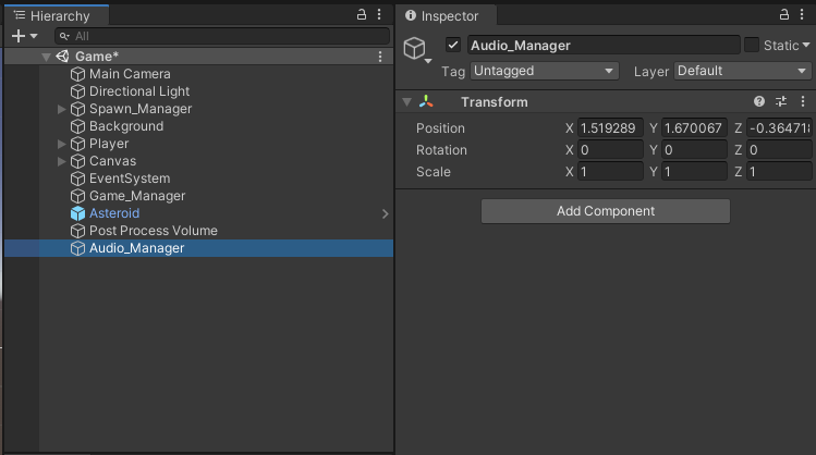 Screenshot of Unity hierarchy with new Audio Manager GameObject