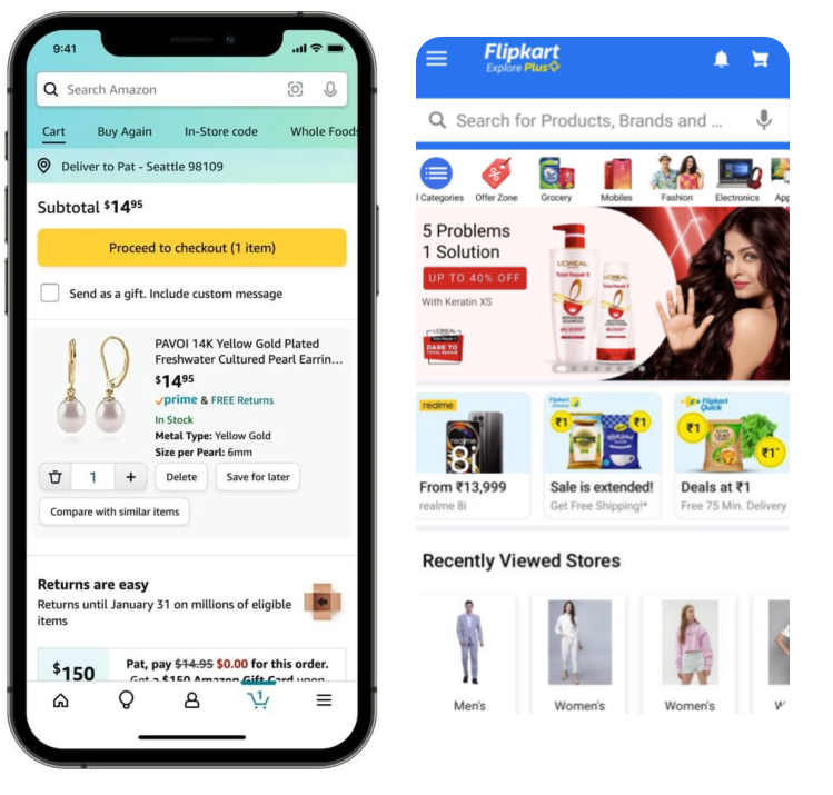 Screenshot of Amazon Mobile Application and Flipkart Mobile Application