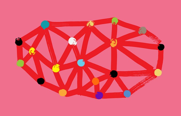 Graphic is a dark pink background with abstract color dots connected by red lines.