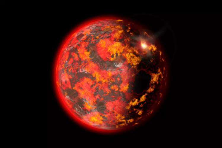 A digital picture of the Earth covered in molten lava, in space, as a metaphor for the imagery and themes in the poem