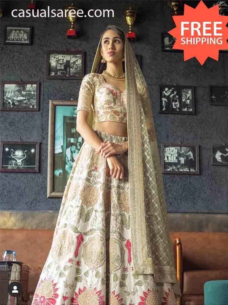 Wedding Reception Embroidery White Satin Silk Lehenga