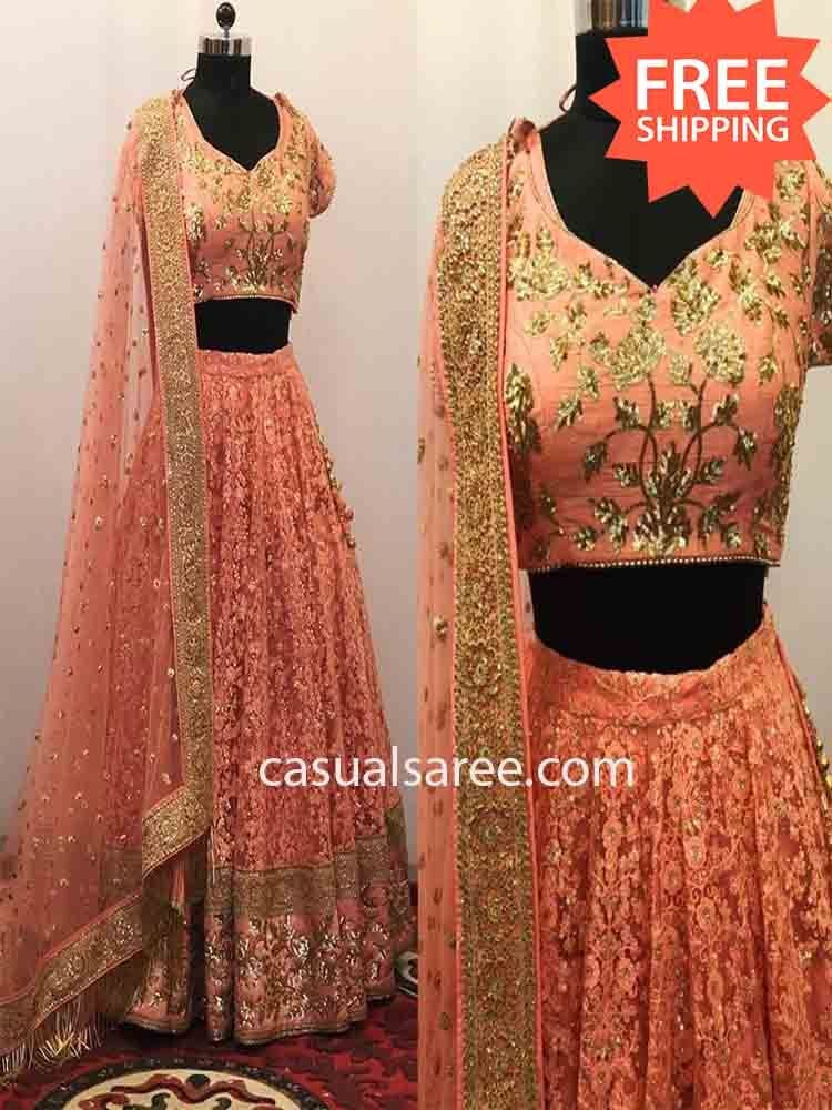 Wedding Reception Orange New Designer Net Lahenga