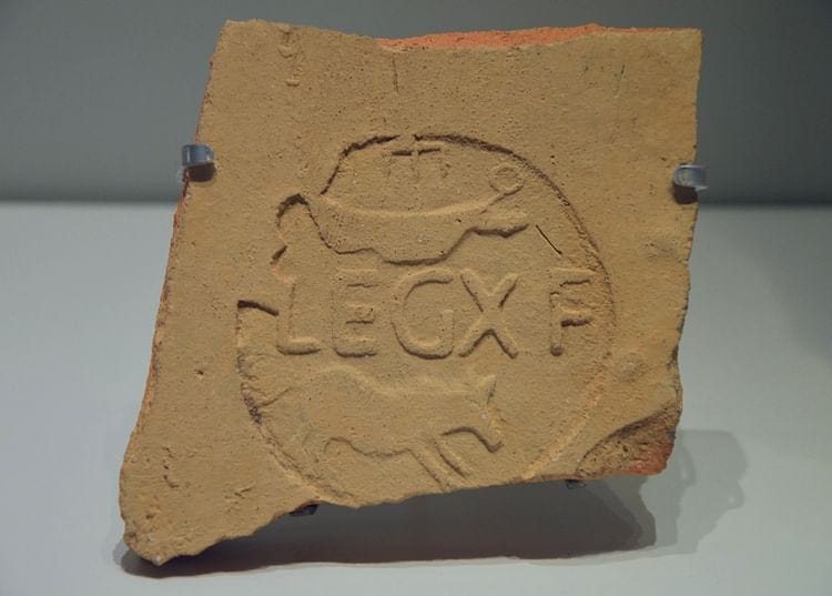 Tile fragment with a stamp of Legio X Fretensis, “LEGX F”, and its symbol: a wild boar and a battleship. Found in Jerusalem, 1st-2nd century CE. Israel Museum, Jerusalem. https://www.worldhistory.org/image/14448/stamp-of-legio-x-fretensis/