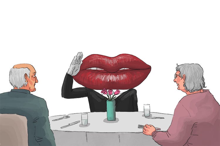 Drawing of dinner table with two elderly people on the side and a person in a suit who’s face is a giant mouth