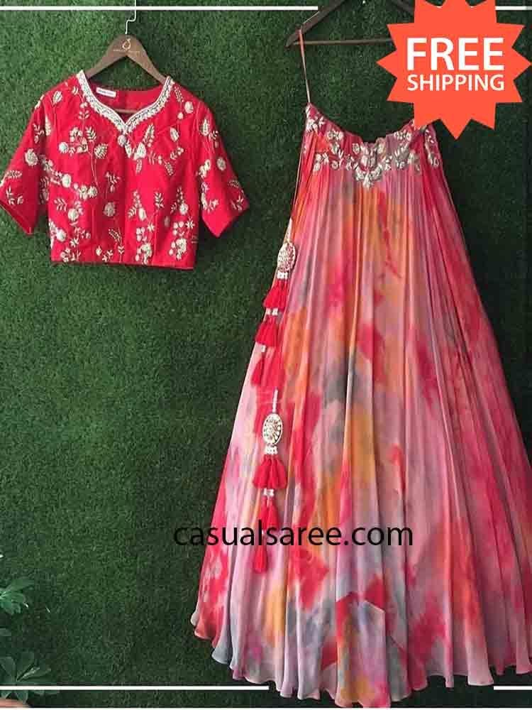 Shibori Digital Print Red Lehenga