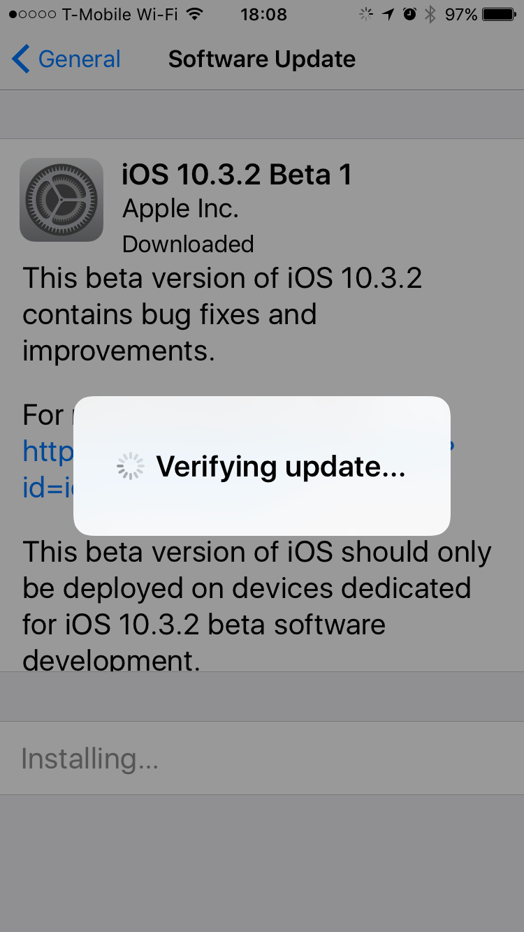 A screenshot of iOS 10.3.2 beta 1