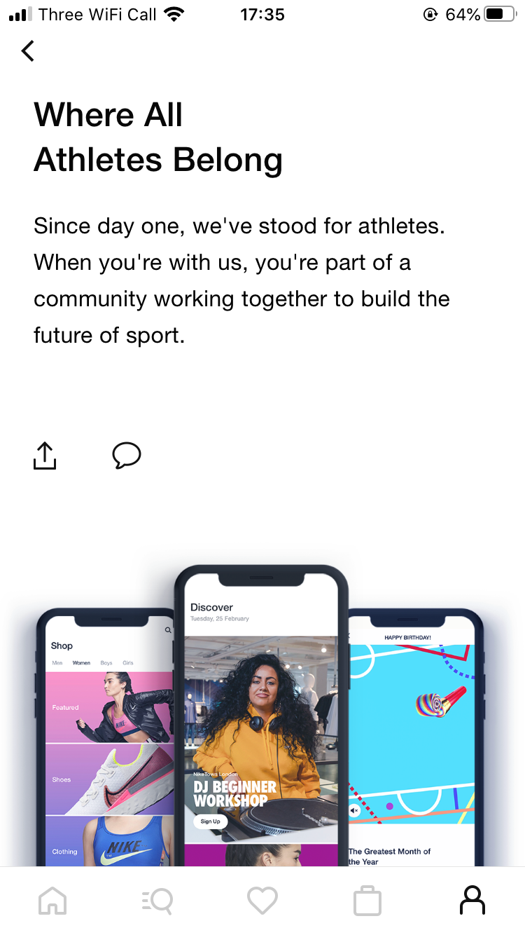 Screenshot of the Nike apps on different phones, featuring their personal shop, the discover page and their Birthday message