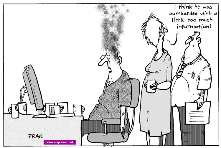 A young man looking at a computer with his head blown. A woman looking at him says “I think he was bombarded with a little too much information”