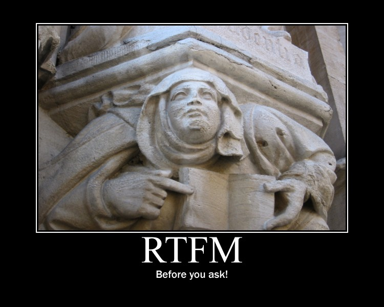 Black frame with the words “RTFM Before you ask!” around a picture of a Brussels statue of Prudentia pointing at a page of an open book facing the spectator.