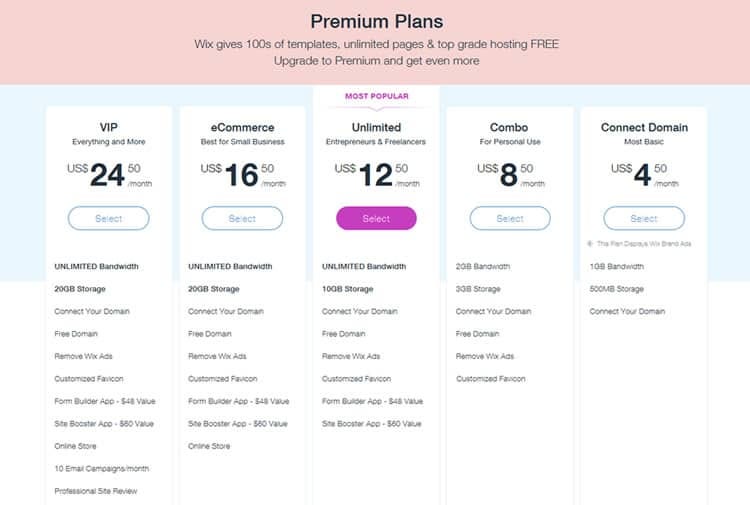 Wix services pricing page
