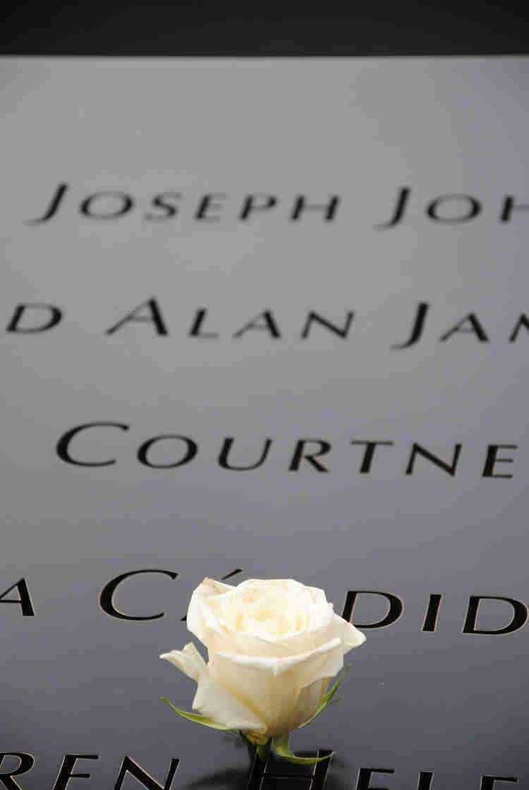 A rose placed on the Ground Zero 911 Memorial