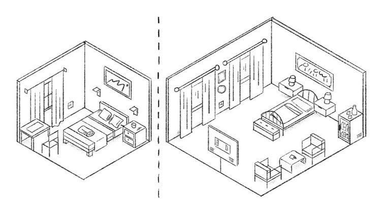 Two hand sketches representing two trade-off scenarios. On the left, there is a small room with comfortable bed setting and on the right is a big room with basic bed setting.