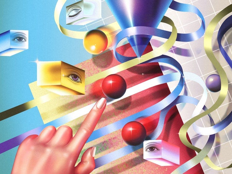 A digital illustration of red spheres, yellow, blue, and green cubes with eyes, and multi-colored swirling, tangling ribbons, hovering over a light gray artboard with a white grid. In the lower left corner is a woman’s hand, with the index finger extended, about to touch a red sphere.