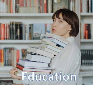 Woman carrying a tower of books in her hands. The word "Education" overlad at the bottom of the image.