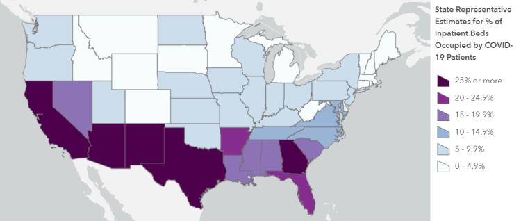 A state-by-state map of the U.S. States are colored in a purple range depending on their COVID-19 hospitalization numbers.