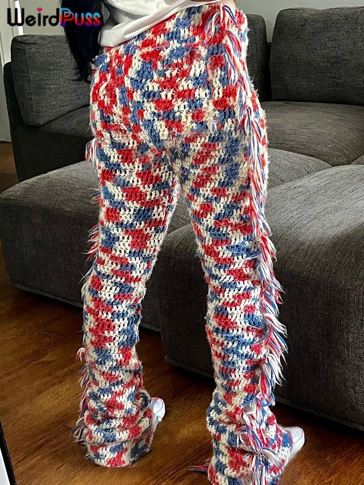 Weird Puss Knit Colorful Plaid Pants Women Fall Trend Skinny Stretch Side Furry Casual Trousers Wild Hipster Streetwear Bottoms