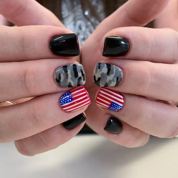 Polish: Black, white, and gray for the camo; glossy red and blue for ...