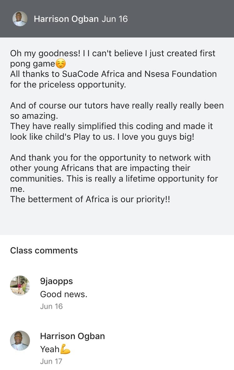 A student post that reads, in part, “The betterment of Africa is our priority!!”