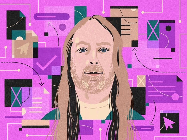 A portrait of a white man with long, blonde hair and facial hair with a pink background of various artboards with mouse cursor, checkmark, and line iconography