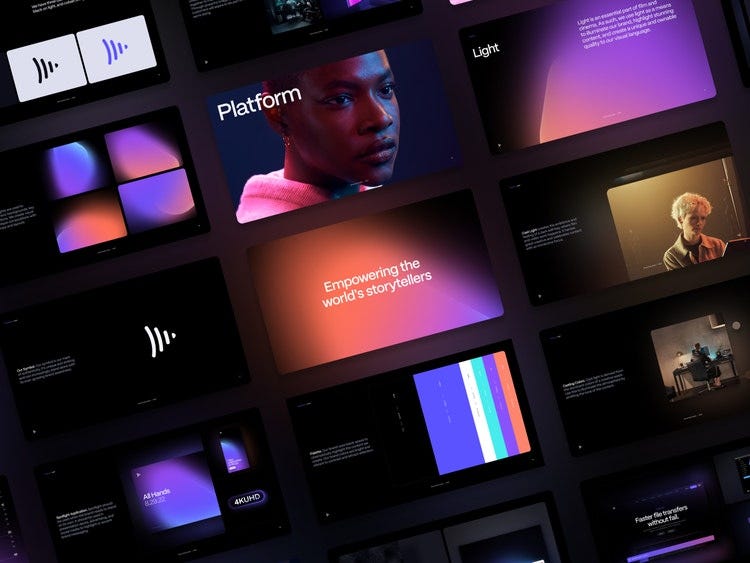 Multiple components of the Frame.io rebrand — including the icon, gradient spotlights, color palette, and brand imagery and language “Empowering the world’s storytellers” — on a black background.