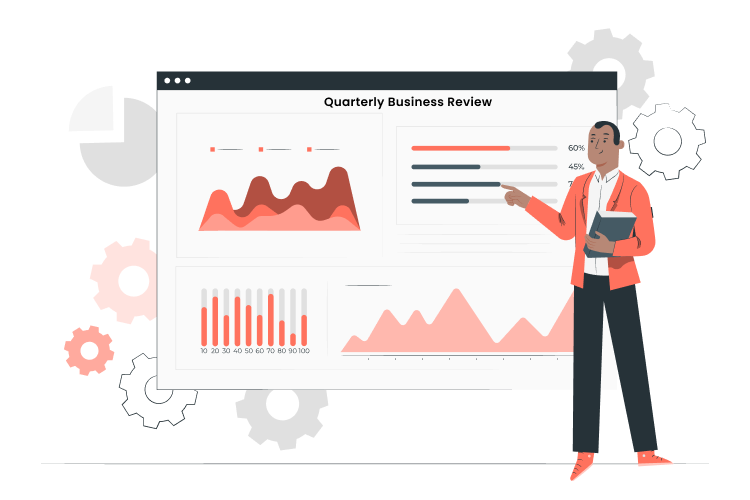 An illustration of a man presenting dashboard of quaterly business review of operations team