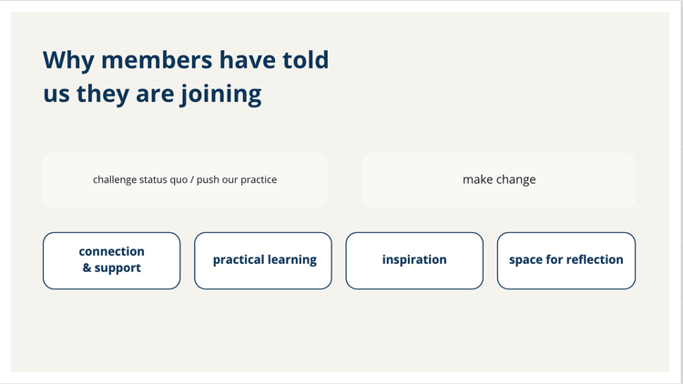 Why members have told us they are joining: connection & support; practical learning; inspiration; space for reflection