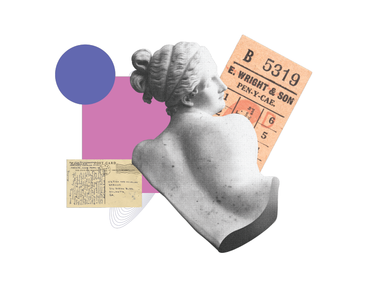 A photograph of a yellowed postcard, the torso of a statue, and a yellowed ticket stub are at the center of a collage also consisting of a purple circle and a pink square.