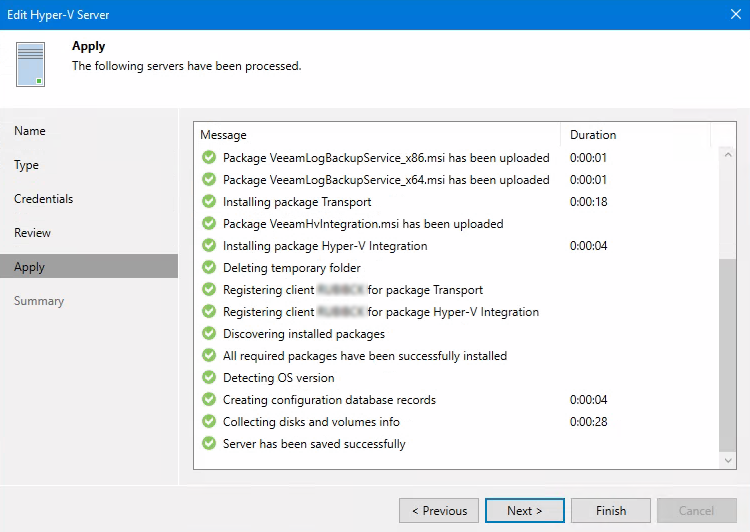 Veeam package, install, error, fail, succes, complate, service