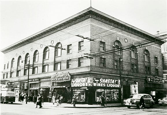 Black and white photo of the exterior of the Fillmore, which housed a roller skating rink in 1949.