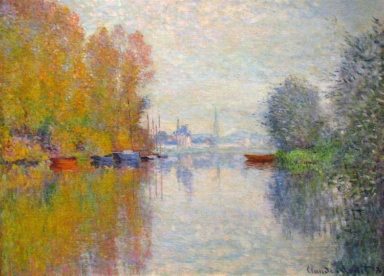 Painting of the reflection of the city of argentueil on the seine in Paris. Oil on canvas by Claude Monet. The fluttering orange leaves contrast with the blue water, rendered as thick parallel lines. Monet added texture to the trees by scratching into the paint with the handle of his brush.