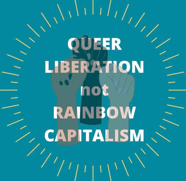 Blue background with the words “Queer Liberation not Rainbow Capitalism” overtop