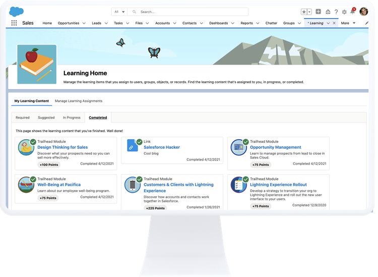 A screenshot of the new Salesforce Learning Home where employees can view their assignments and progress as they build out their skills and expertise.