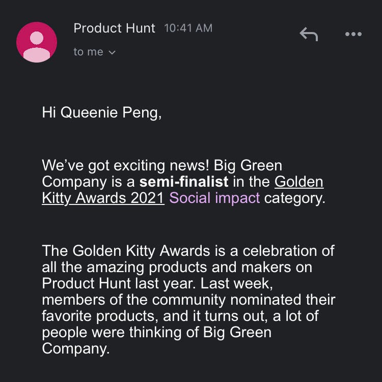 Product hunt email — Semi-finalist of Social Impact