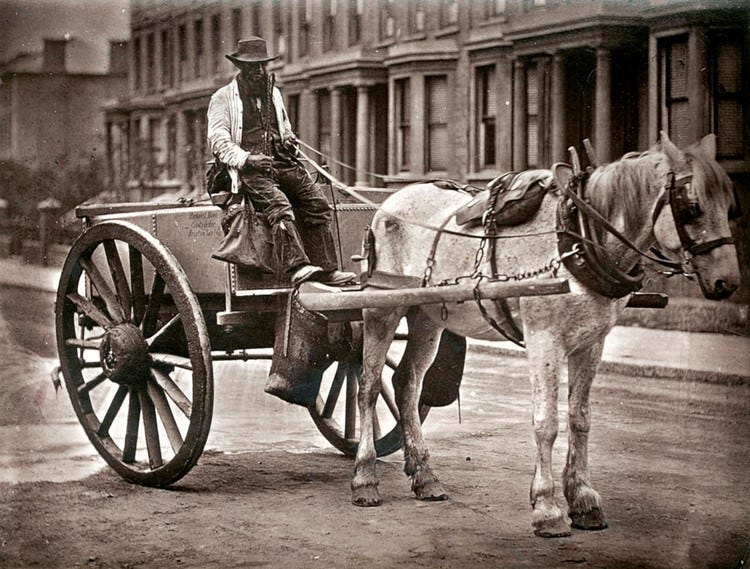 A black & white photo horse and cart with a man sitting in the cart