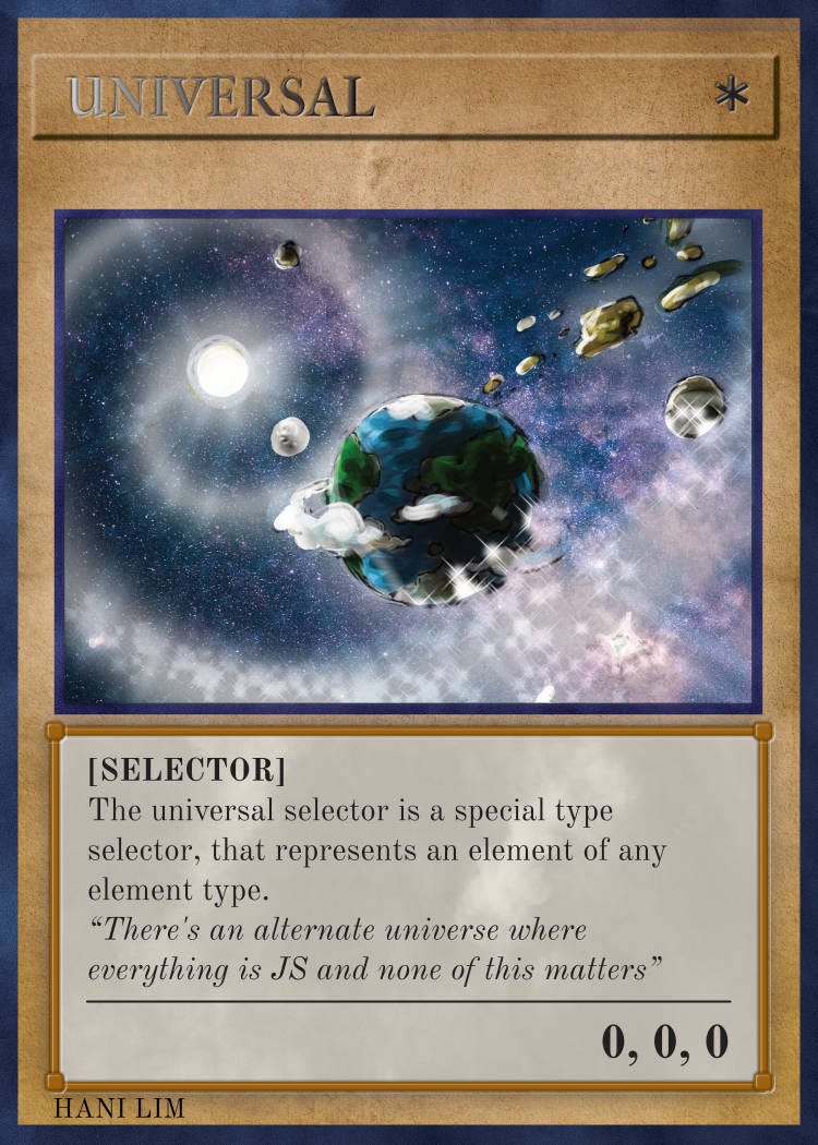 Card with illustration of earth in space. ‘There’s an alternate universe where everything is JS and none of this matters’