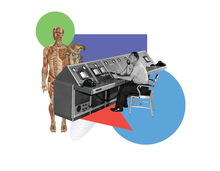 A medical illustration showing the muscles of a male body and a black-and-white photograph of a white man seated at a switchboard are at the center of a collage also consisting of a green circle, a purple square, a blue circle, and a red triangle.