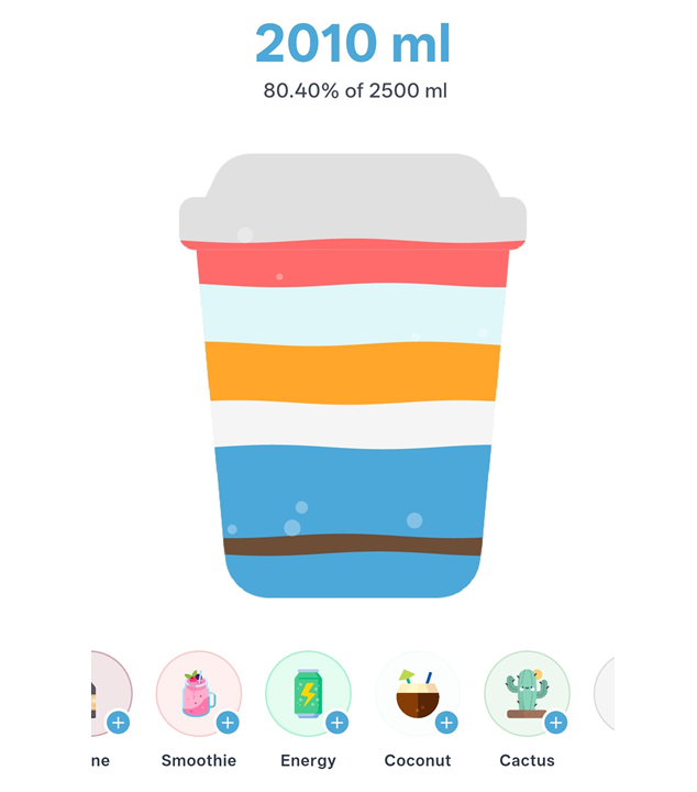 The final result: Multiple beverages stacked chronologically in a single shape, with animated waves and bubbles