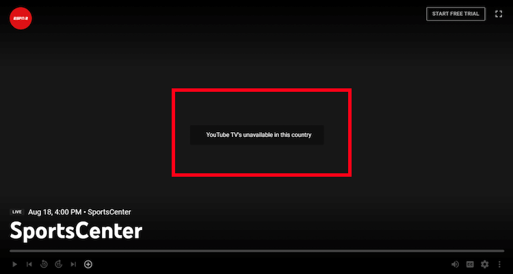 YouTube TV geo-restrictions error while playing it from abroad.