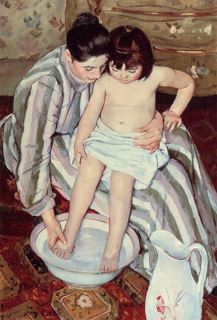The Child’s Bath painting by Mary Cassatt. A mother is lovingly holding a small child in her lap and washing her feet.