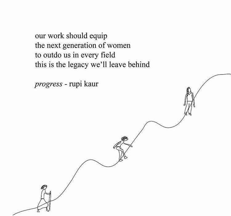 A line drawing of two women climbing a bumpy hill with the words “Our work should equip the next generation of womn to outdo us in every field this is the legacy we’ll leave behind. Progress — Rupi Kaur” above the drawing