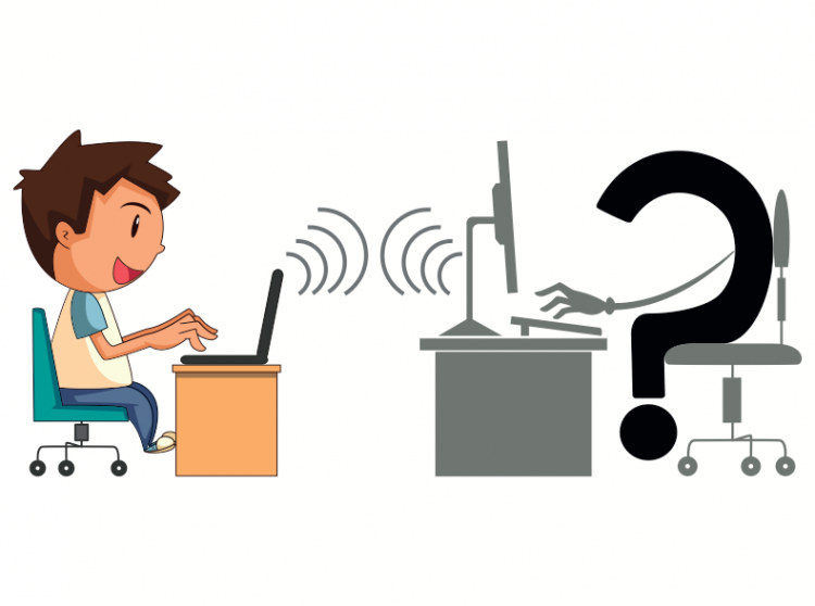 a drawing of a child using a computer and communicating with an unknown figure shown with a question mark