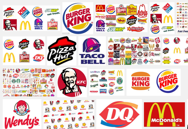 Imagem de conhecidos fast foods, Mc Donalds, Pizza Hut, Burguer King, Bobs, Domino’s e outras.